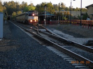 This Auburn station shot shows the switch lined onto Main Track 2 of the UP Roseville Sub for the trip to Sacramento and the Bay Area.