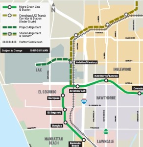 Map of Green and Crenshaw Lines at LAX next to old Santa Fe Harbor Line