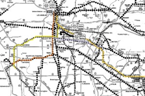this 1981 rail map shows the rail line in LA. The lines marked in Orange would be the PE from LAX to Union Station. The yellow marked line is the old Santa Fe Harbor line. In Gold is the BNSF and in Lavender is the PE Line to La Harbra