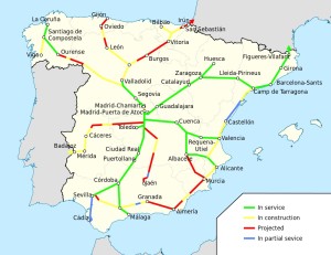 Current and planned High  Speed Rail Lies in Spain.  Graphic from Wikimedia Commons by HrAd
