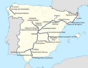 Spain's current High Speed Rail trackage. A Wikimedia Commons Graphic by HrAd