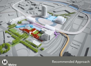 A drawing of current planning for new tracks and possible new building around Los Angles Union Station