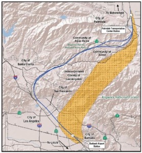 A CHSRA graphic showing the studied route and the area for an alternative route between Burbank and Palmdale
