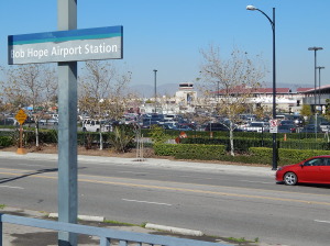 View from trains station at Bob Hope Airport. The covered walkway under construction can be seen on the right. 