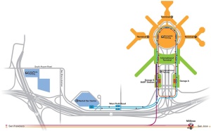 SFO Map showing the terminals, People Mover and rail connections.